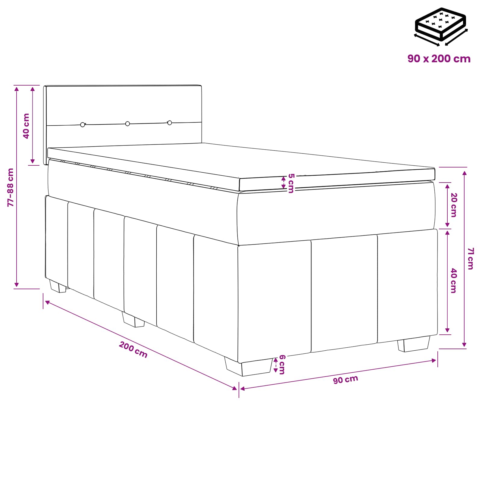 Boxspringbett mit Matratze Schwarz 90 x 200 cm Stoff