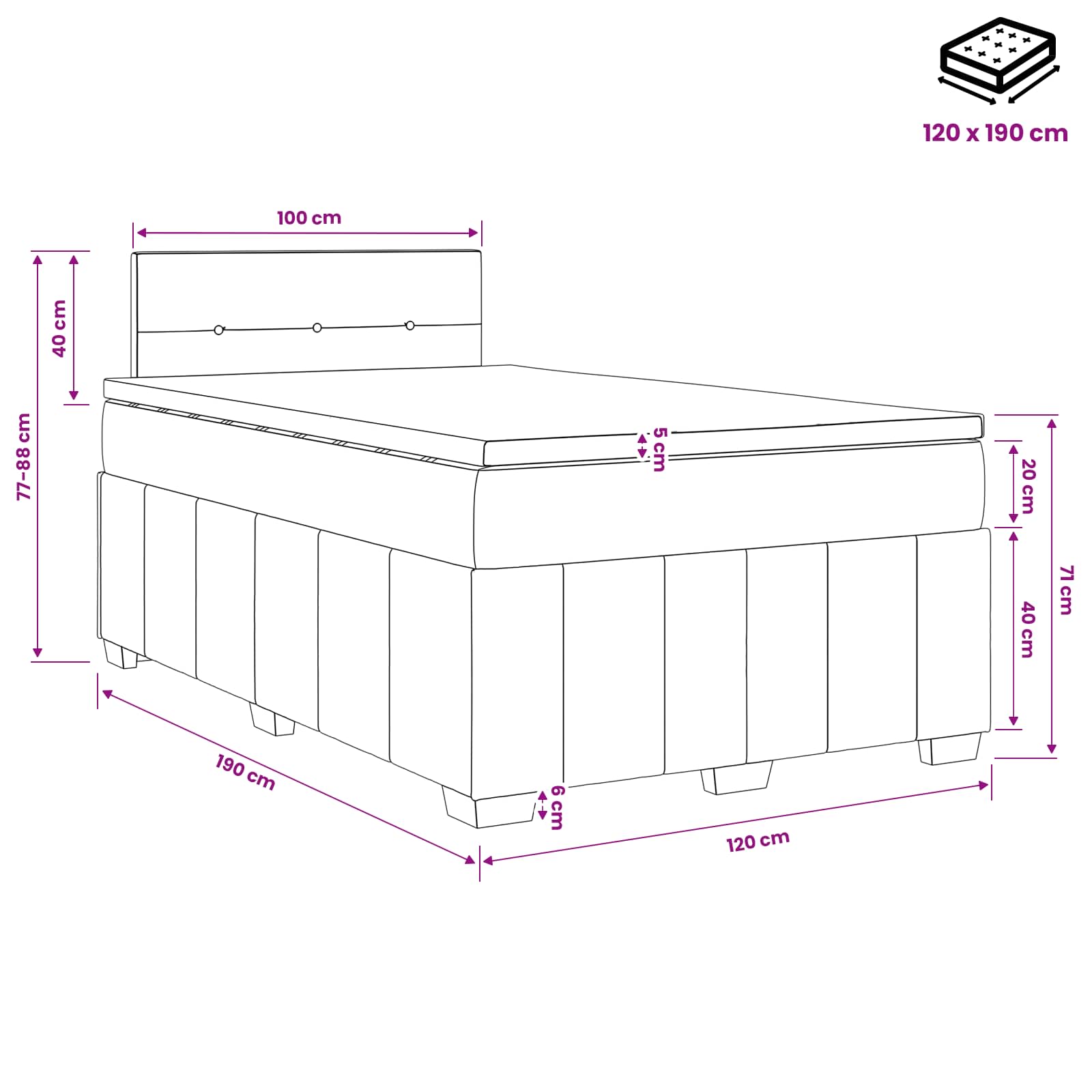 Boxspringbett mit Matratze Schwarz 120 x 190 cm Stoff