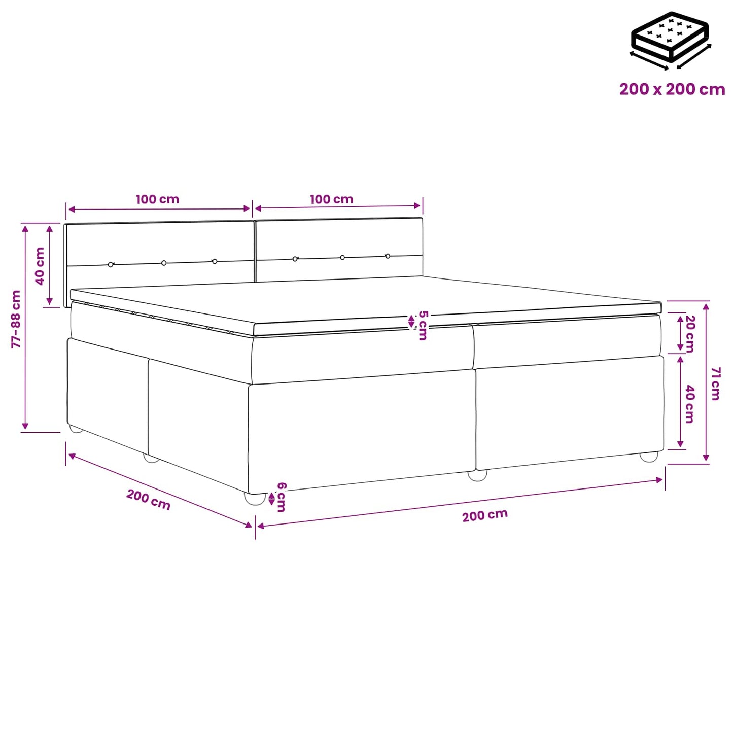 Boxspringbett mit Matratze Schwarz 200 x 200 cm Stoff
