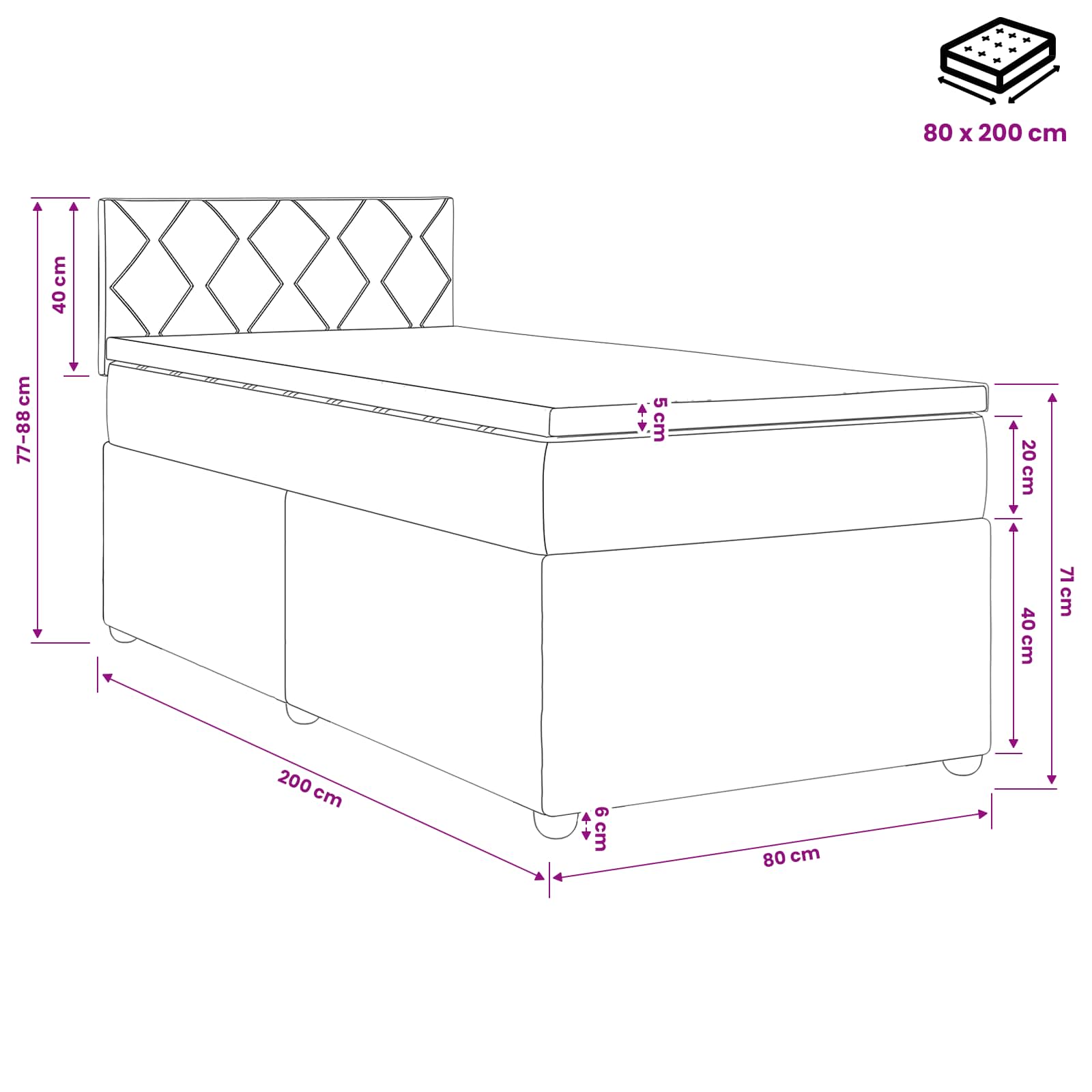 Boxspringbett mit Matratze Dunkelgrau 80 x 200 cm Samt