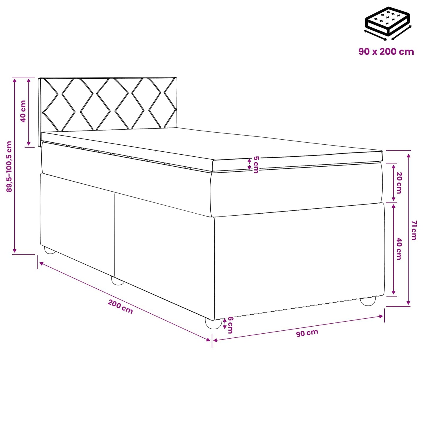 Boxspringbett mit Matratze Schwarz 90 x 200 cm Samt