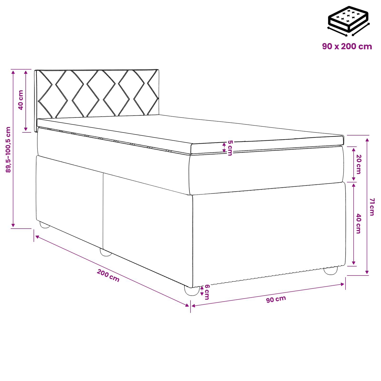 Boxspringbett mit Matratze Schwarz 90 x 200 cm Samt