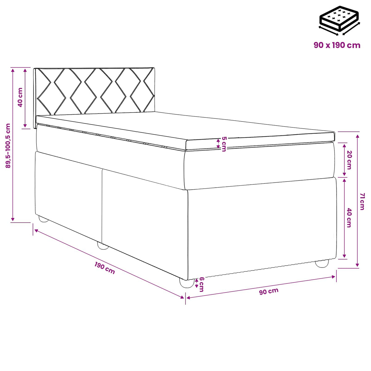Boxspringbett mit Matratze Hellgrau 90 x 190 cm Samt