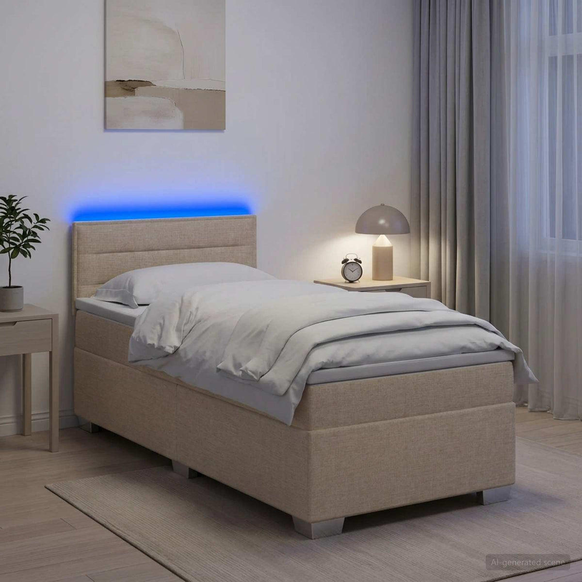 Boxspringbett mit Matratze und LED Creme 90 x 200 cm Stoff