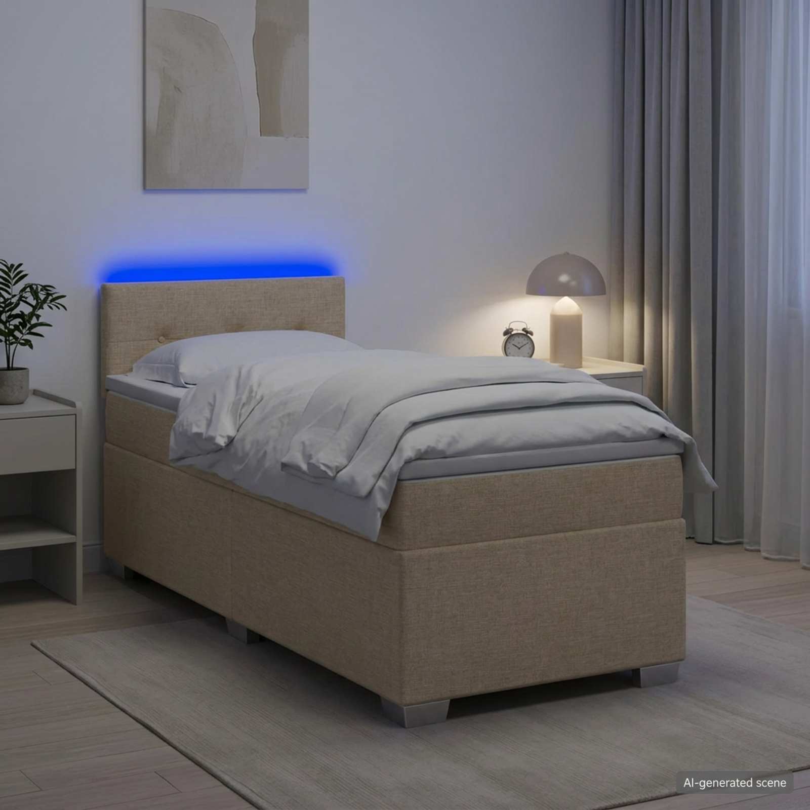 Boxspringbett mit Matratze und LED Creme 100 x 200 cm Stoff