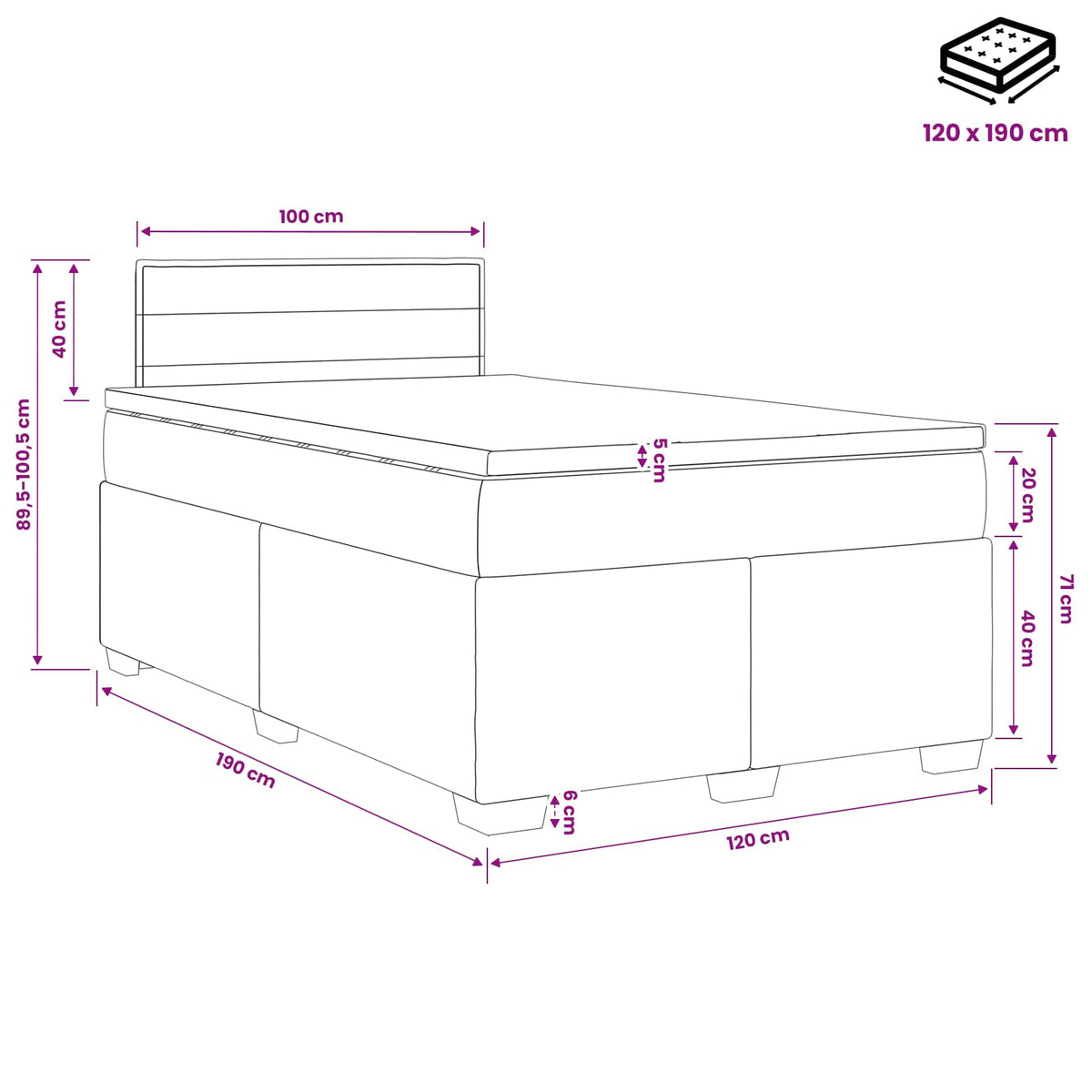 Boxspringbett mit Matratze und LED Schwarz 120 x 190 cm Stoff