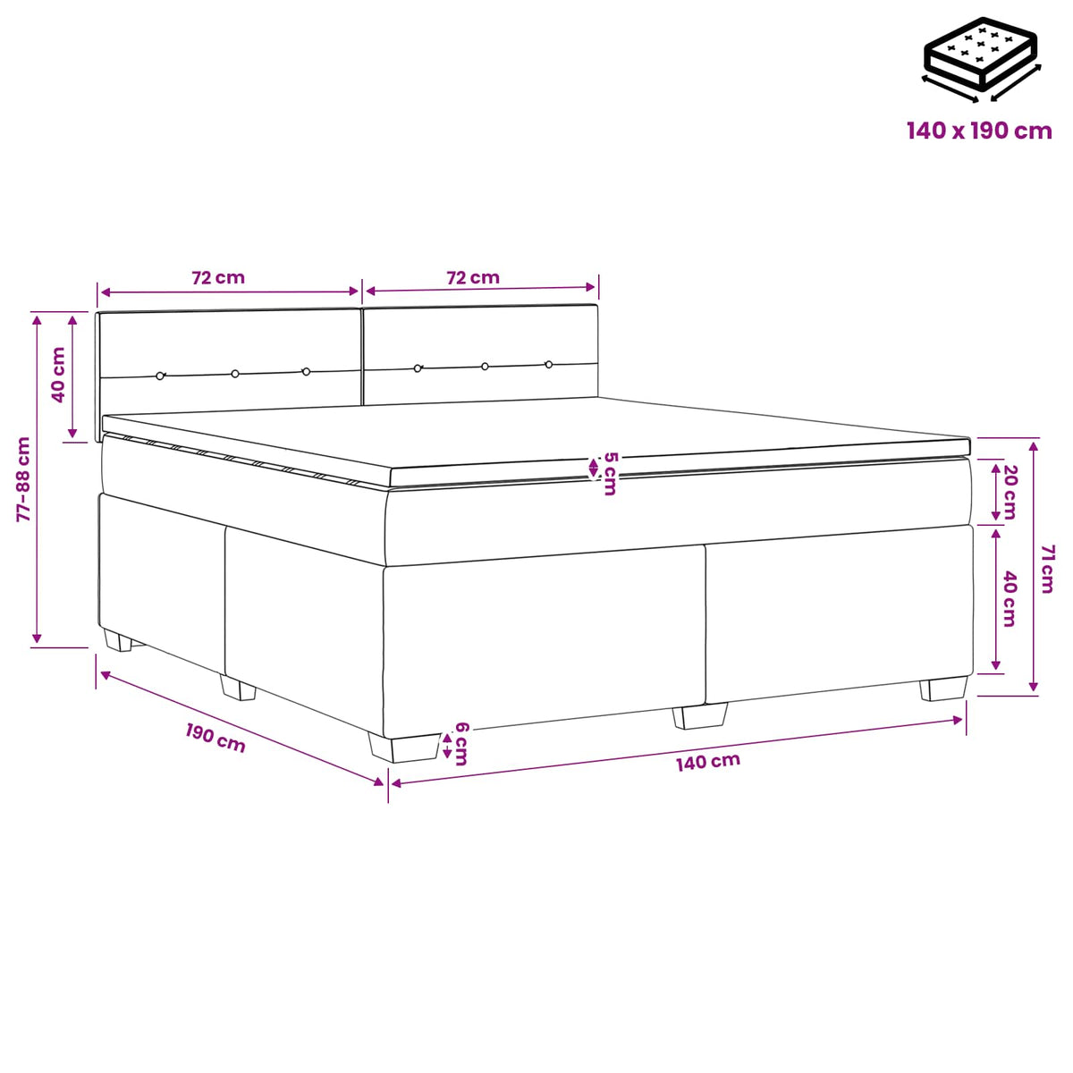 Boxspringbett mit Matratze und LED Schwarz 140 x 190 cm Stoff