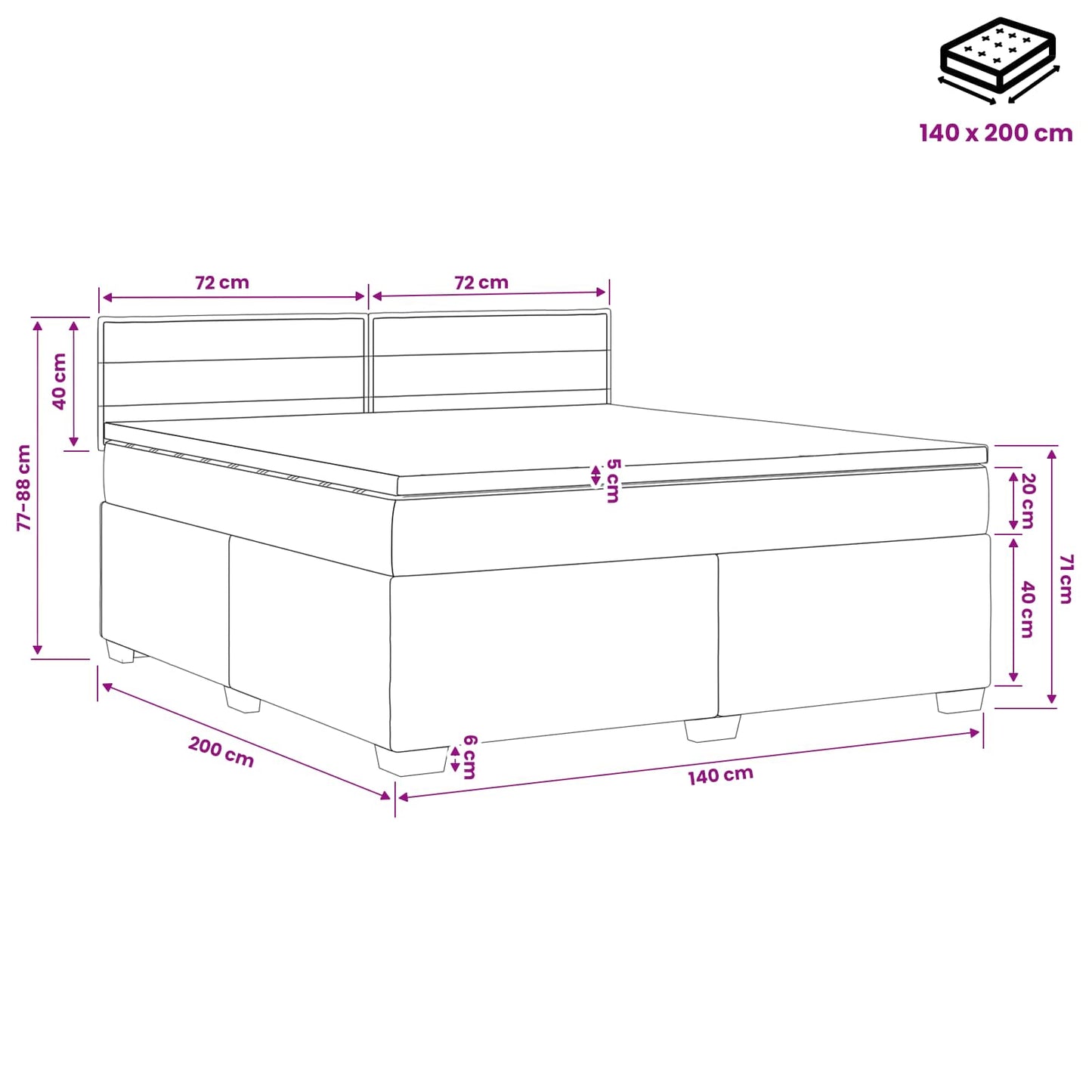 Boxspringbett mit Matratze und LED Schwarz 140 x 200 cm Stoff