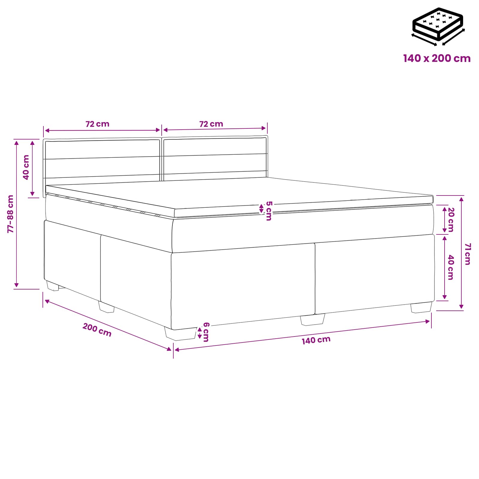 Boxspringbett mit Matratze und LED Schwarz 140 x 200 cm Stoff