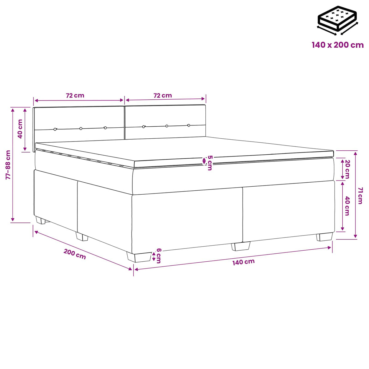 Boxspringbett mit Matratze und LED Schwarz 140 x 200 cm Stoff
