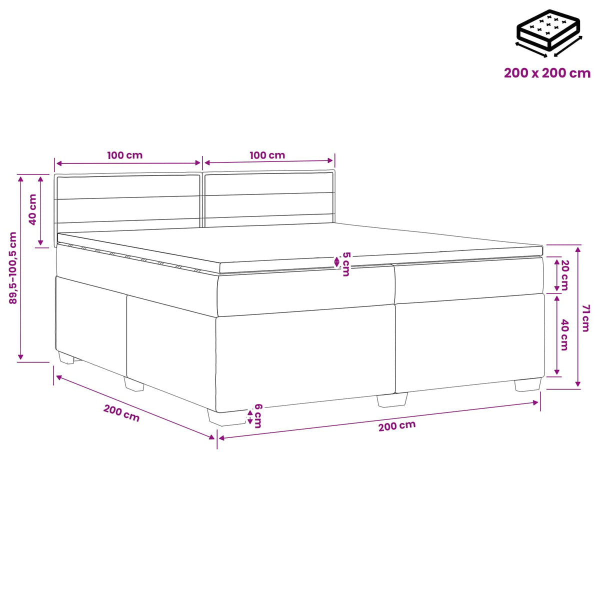 Boxspringbett mit Matratze und LED Schwarz 200 x 200 cm Stoff