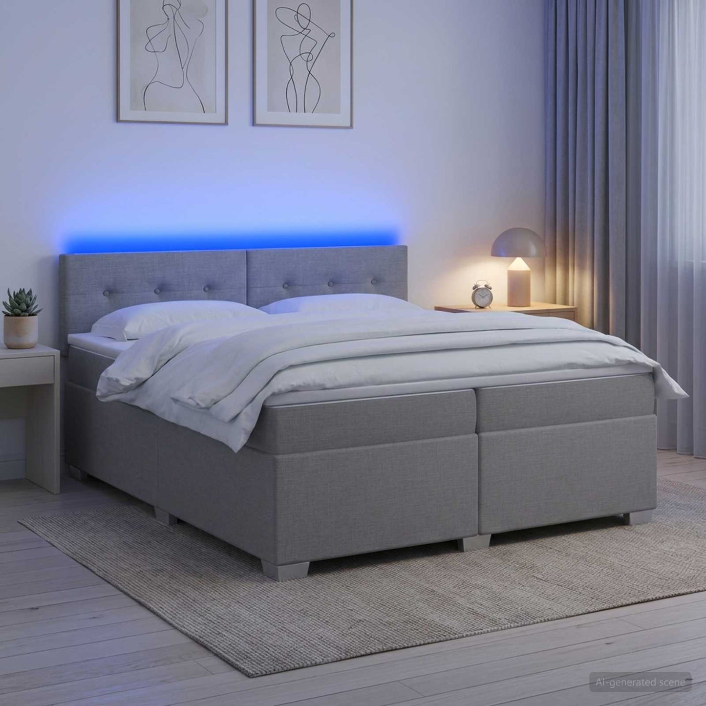 Boxspringbett mit Matratze und LED Hellgrau 200 x 200 cm Stoff