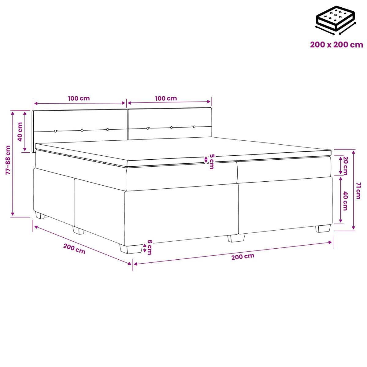 Boxspringbett mit Matratze und LED Schwarz 200 x 200 cm Stoff