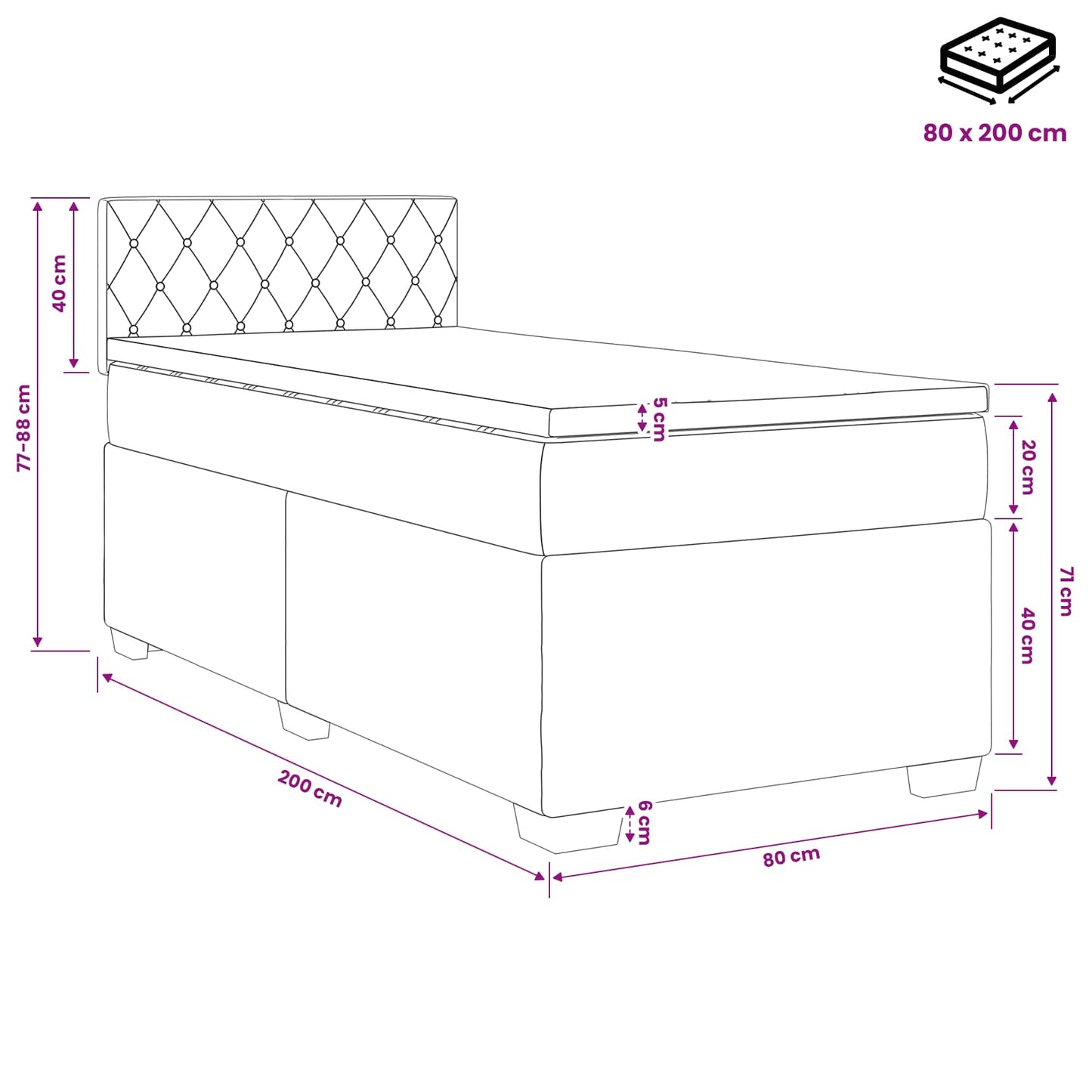 Boxspringbett mit Matratze und LED Dunkelgrau 80 x 200 cm Samt