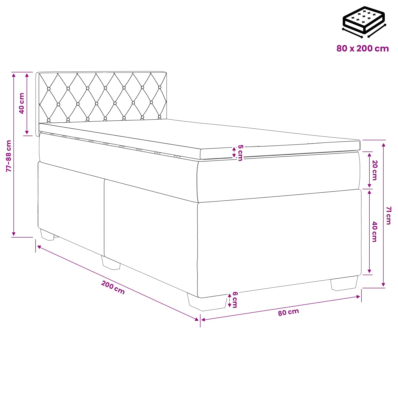 Boxspringbett mit Matratze und LED Dunkelgrau 80 x 200 cm Samt