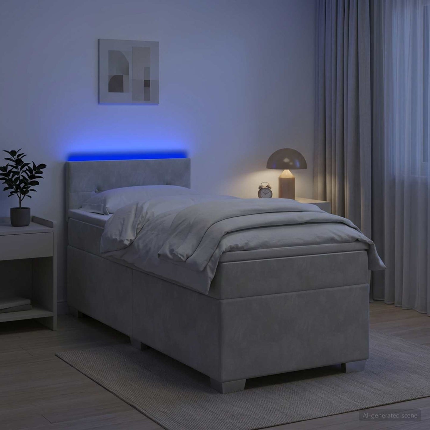Boxspringbett mit Matratze und LED Hellgrau Einzeln Samt