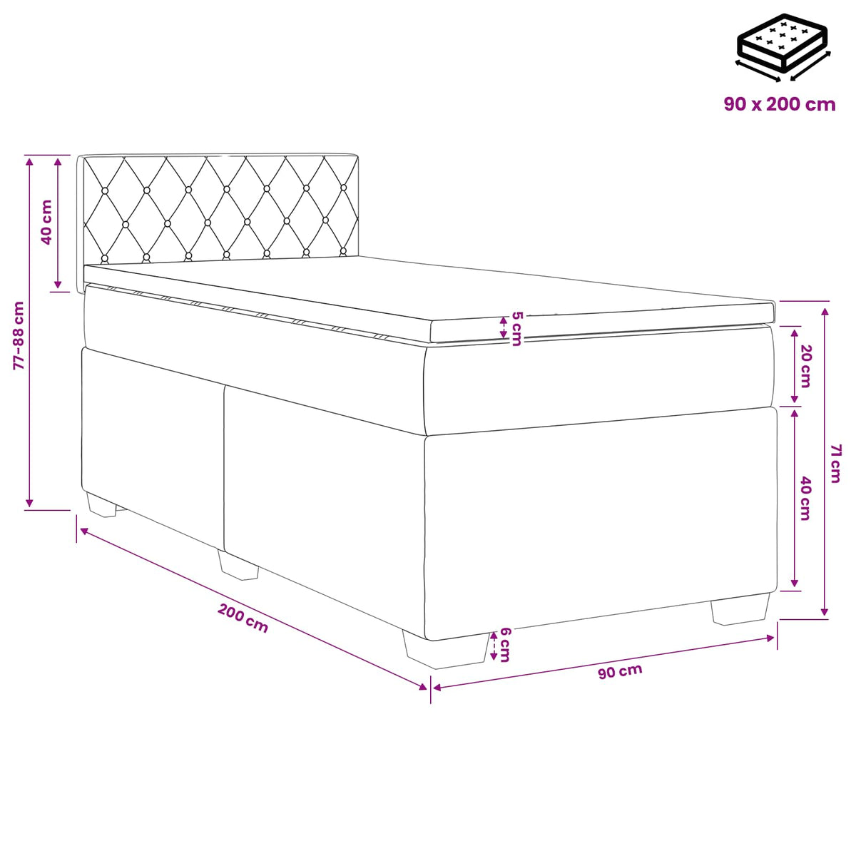 Boxspringbett mit Matratze und LED Hellgrau 90 x 200 cm Samt