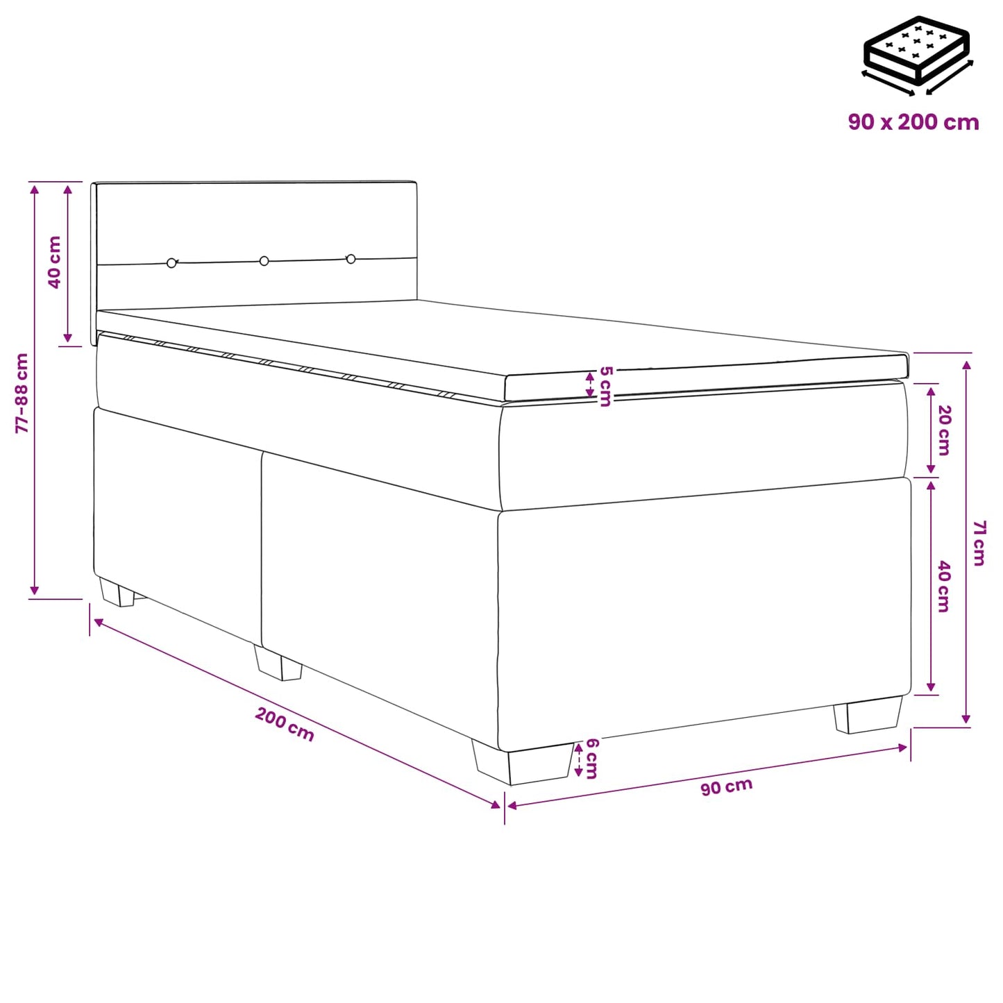 Boxspringbett mit Matratze und LED Hellgrau 90 x 200 cm Samt