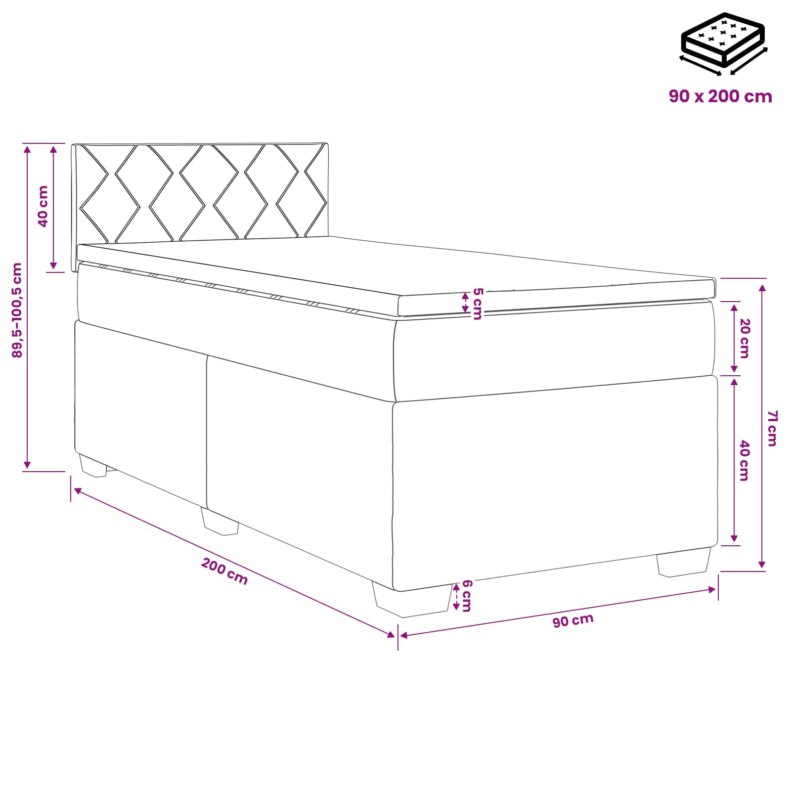 Boxspringbett mit Matratze und LED Schwarz 90 x 200 cm Samt