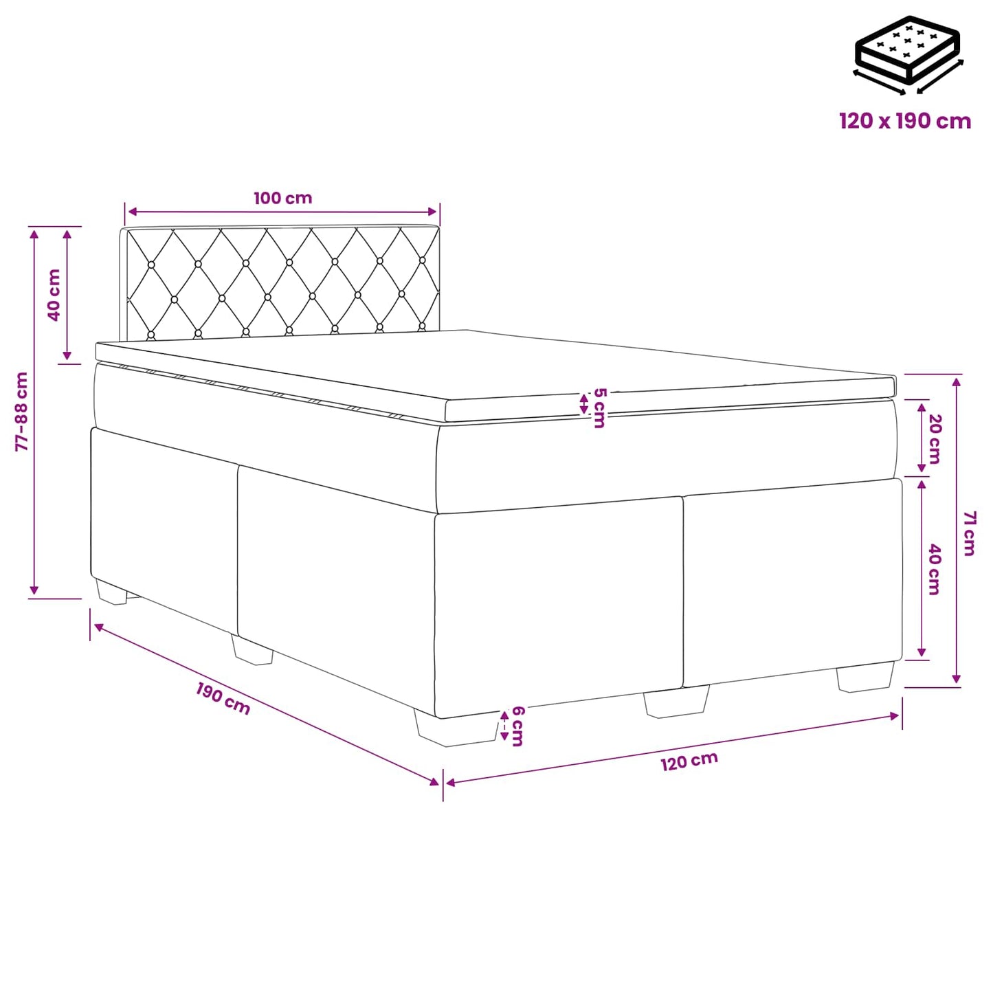 Boxspringbett mit Matratze und LED Schwarz 120 x 190 cm Samt