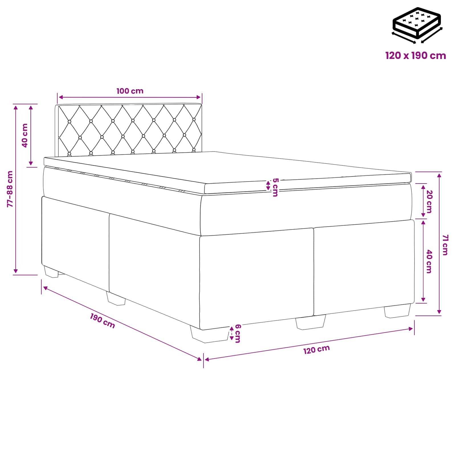 Boxspringbett mit Matratze und LED Schwarz 120 x 190 cm Samt