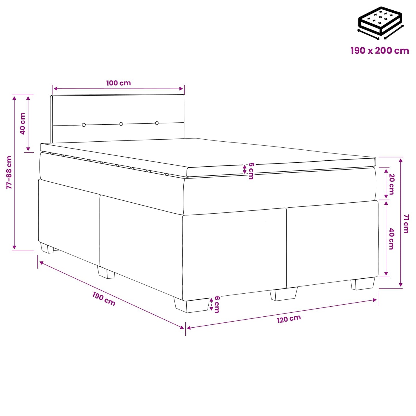 Boxspringbett mit Matratze und LED Schwarz 120 x 190 cm Samt