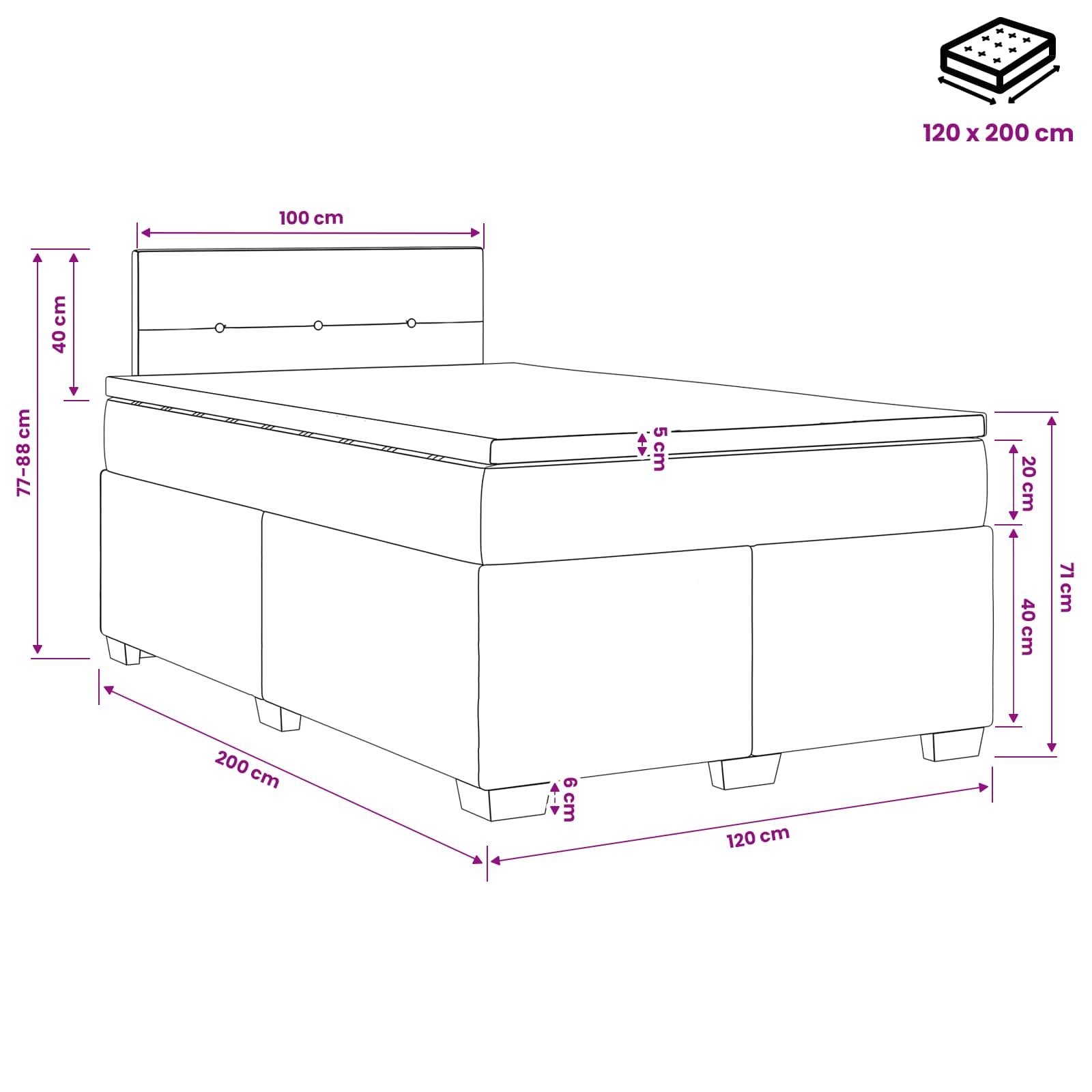 Boxspringbett mit Matratze und LED Dunkelgrau 120 x 200 cm Samt