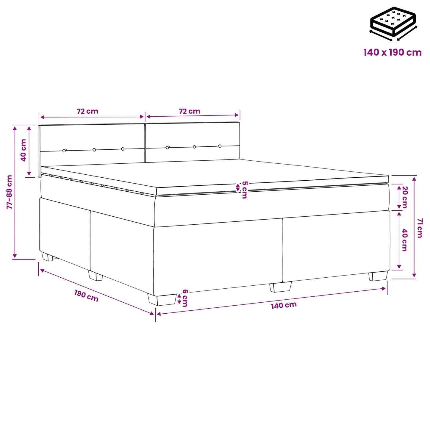 Boxspringbett mit Matratze und LED Schwarz 140 x 190 cm Samt