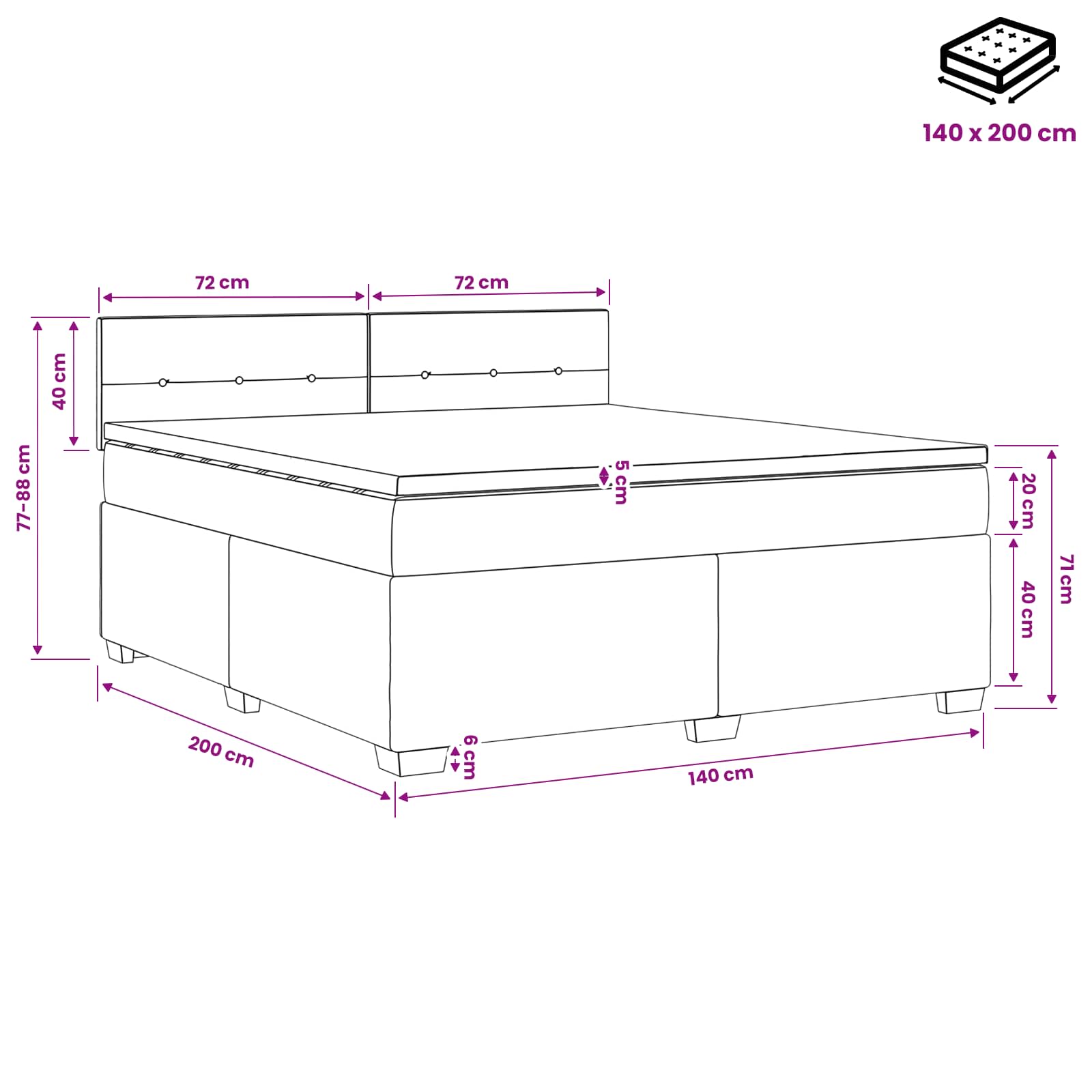 Boxspringbett mit Matratze und LED Dunkelgrau 140 x 200 cm Samt