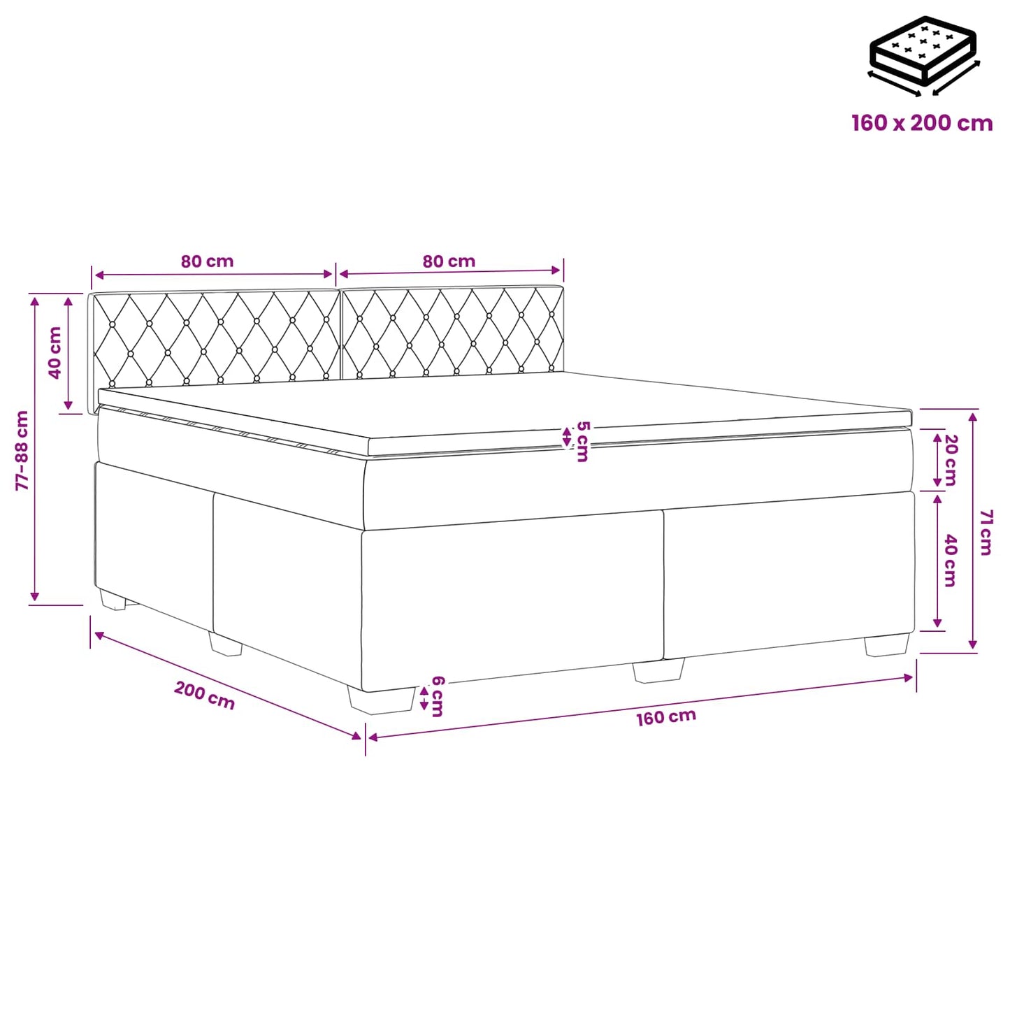 Boxspringbett mit Matratze und LED Hellgrau 160 x 200 cm Samt