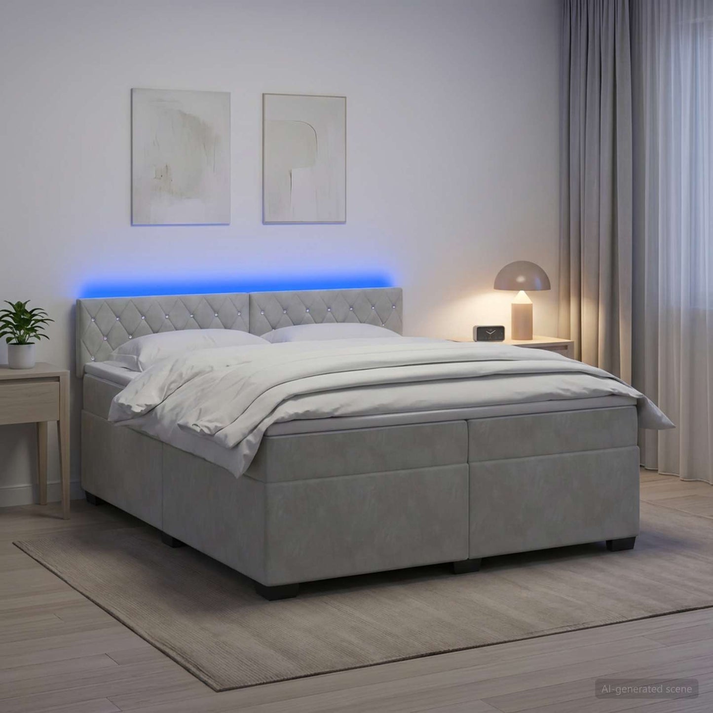 Boxspringbett mit Matratze und LED Hellgrau 200 x 200 cm Samt