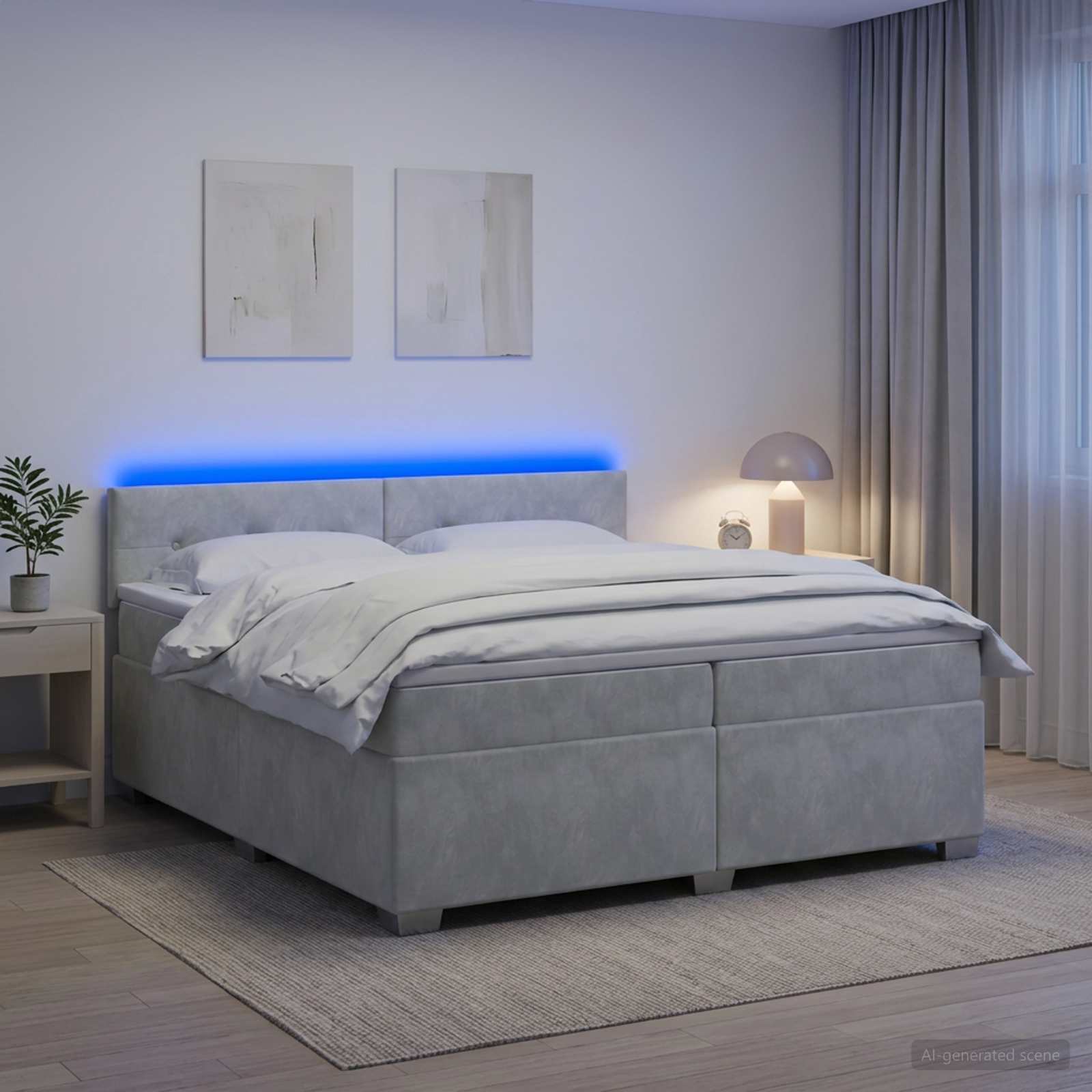 Boxspringbett mit Matratze und LED Hellgrau 200 x 200 cm Samt