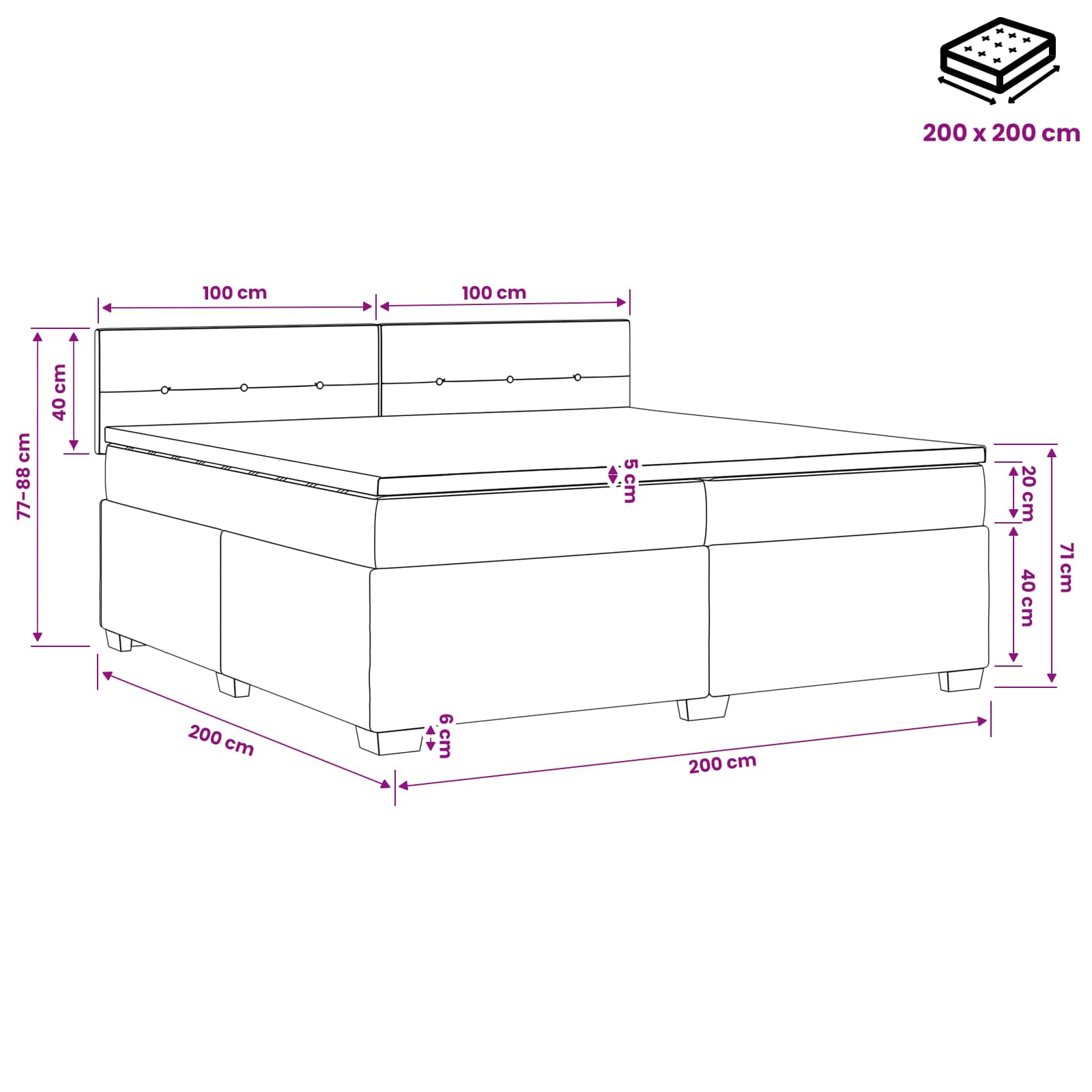 Boxspringbett mit Matratze und LED Hellgrau 200 x 200 cm Samt