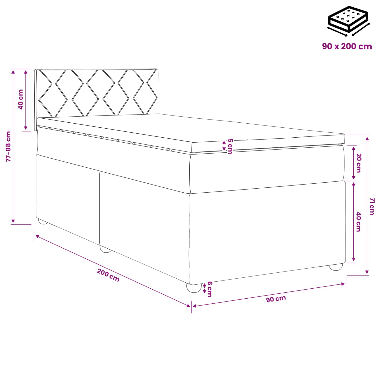 Boxspringbett mit Matratze Schwarz 90 x 200 cm Stoff
