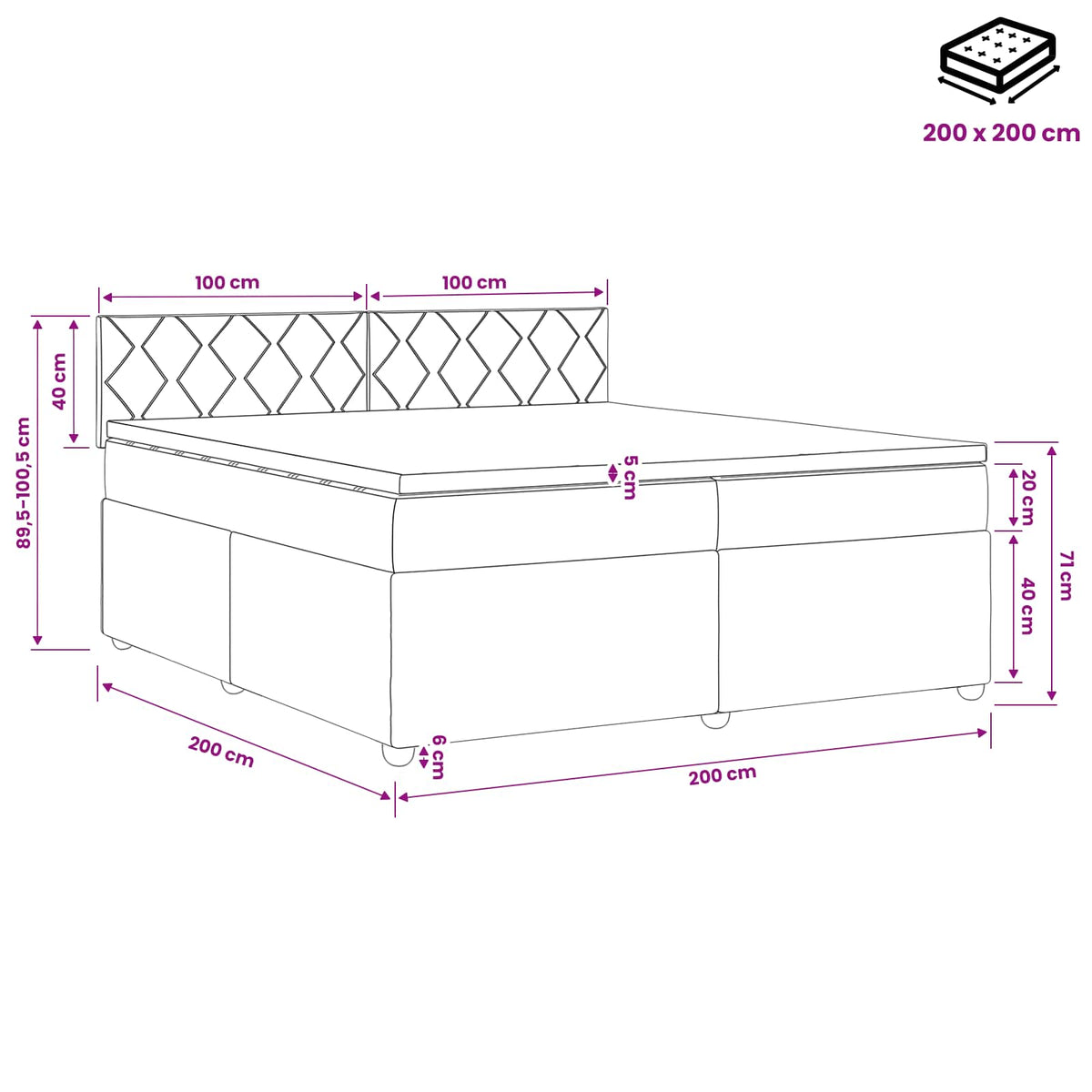 Boxspringbett mit Matratze Schwarz 200 x 200 cm Stoff