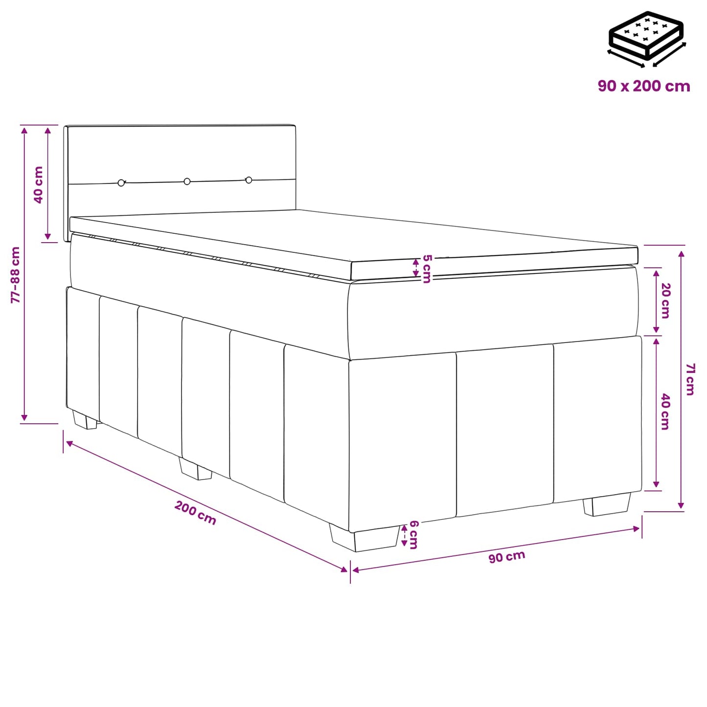 Boxspringbett mit Matratze Schwarz 90 x 200 cm Stoff