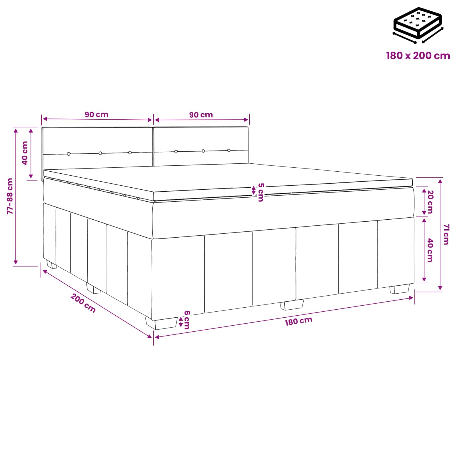 Boxspringbett mit Matratze Schwarz 180 x 200 cm Stoff