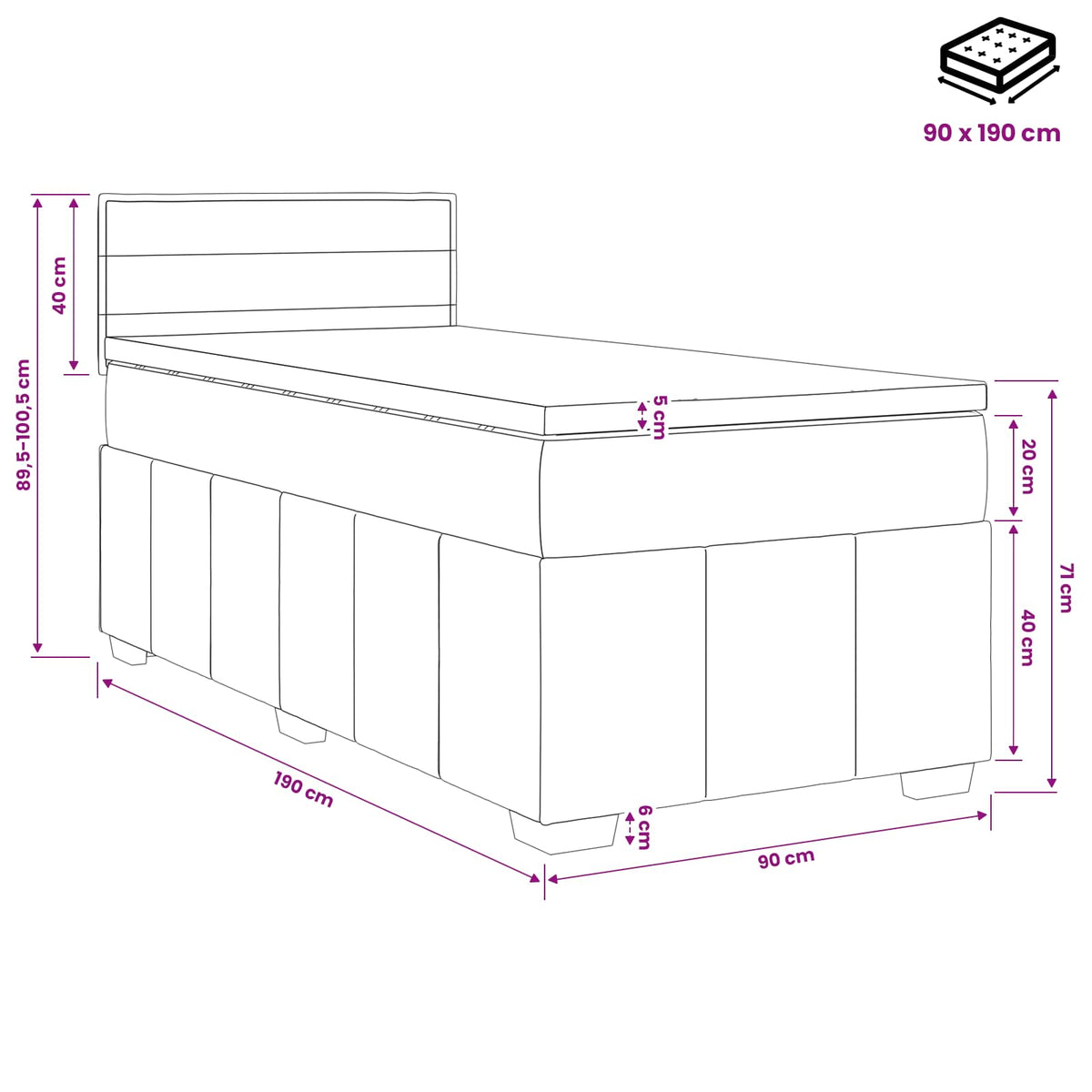 Boxspringbett mit Matratze und LED Dunkelgrau 90 x 190 cm Stoff