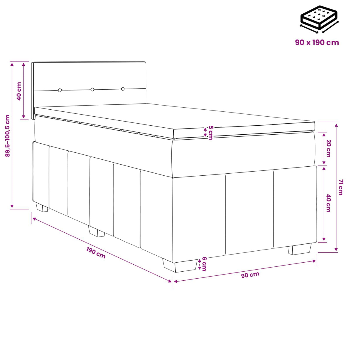 Boxspringbett mit Matratze und LED Dunkelgrau 90 x 190 cm Stoff