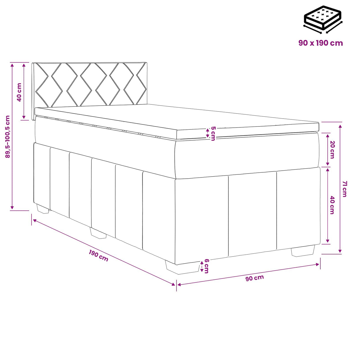 Boxspringbett mit Matratze und LED Dunkelgrau 90 x 190 cm Stoff