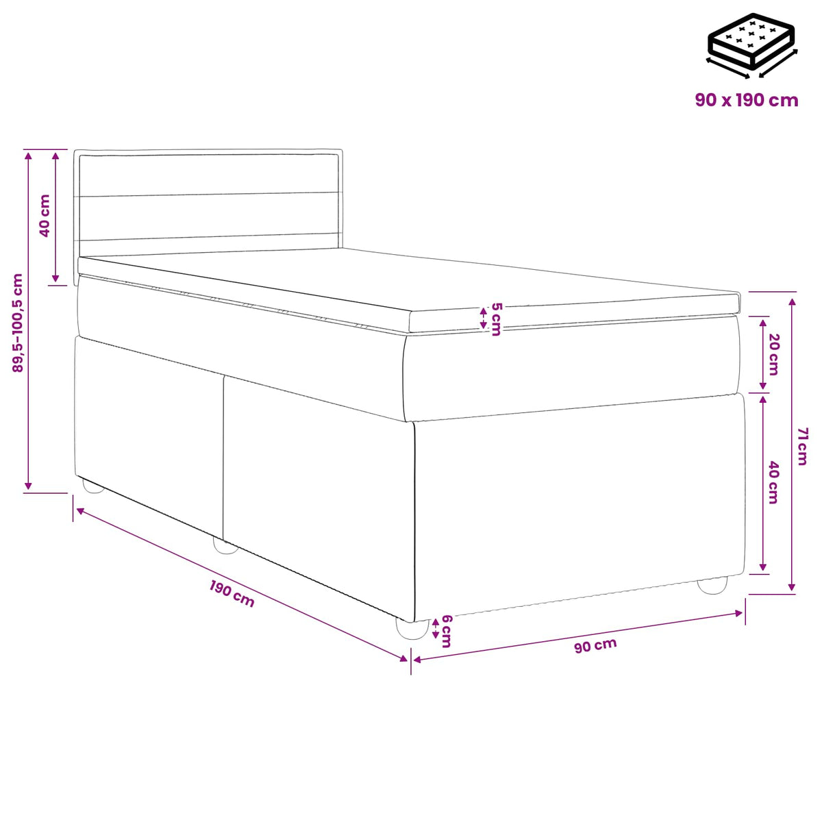 Boxspringbett mit Matratze Schwarz 90 x 190 cm Stoff