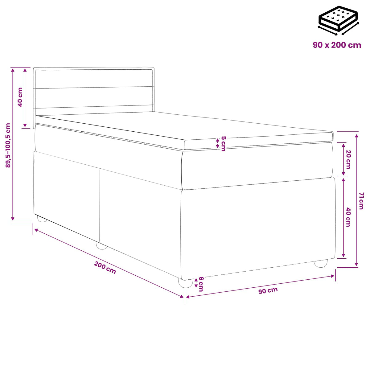 Boxspringbett mit Matratze Schwarz 90 x 200 cm Stoff