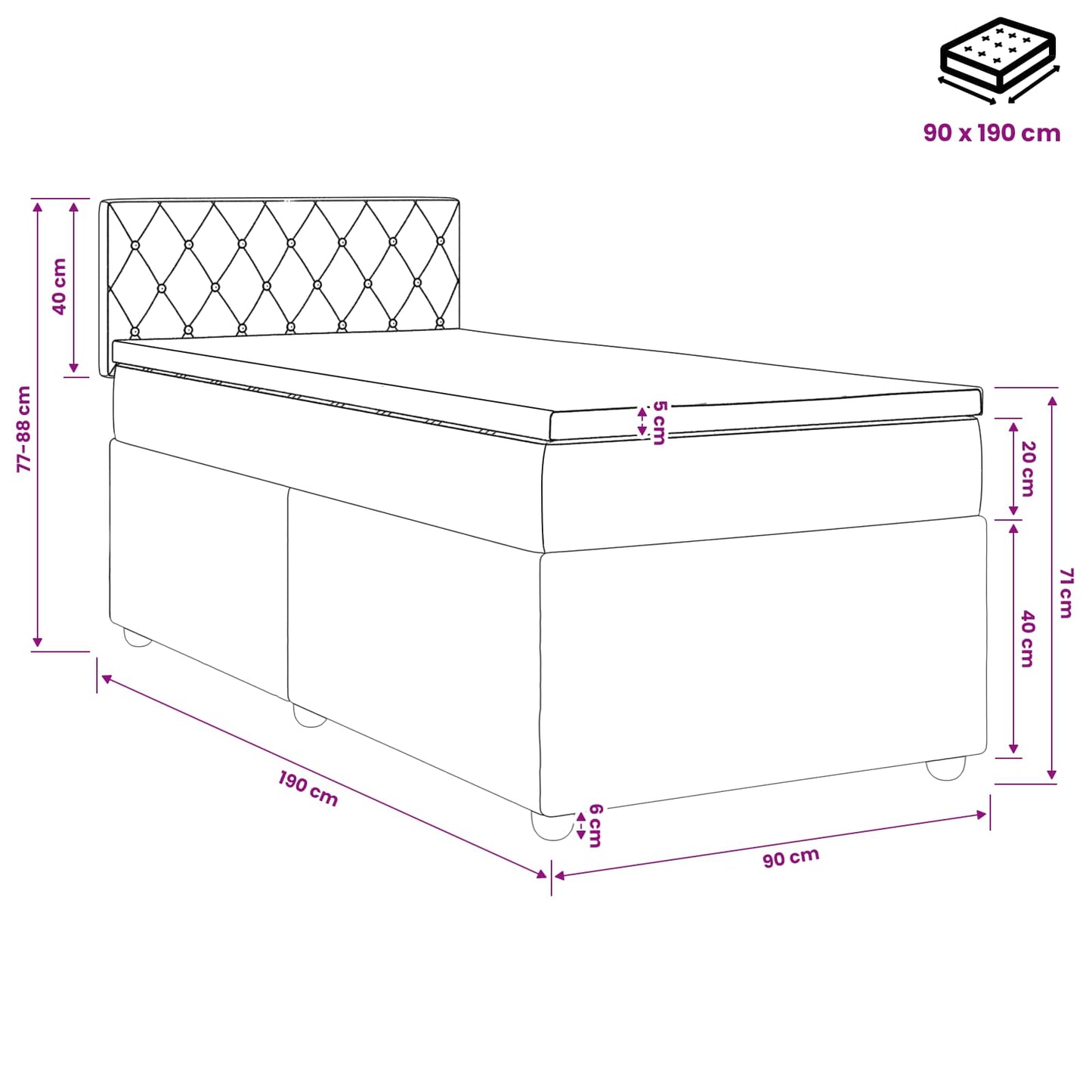 Boxspringbett mit Matratze Schwarz 90 x 190 cm Samt