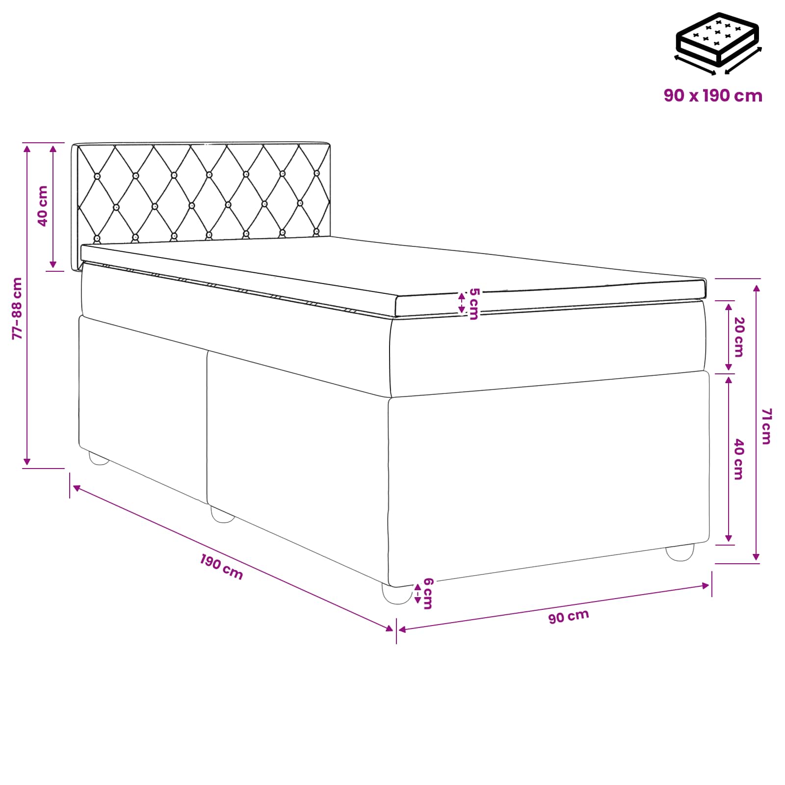 Boxspringbett mit Matratze Schwarz 90 x 190 cm Samt