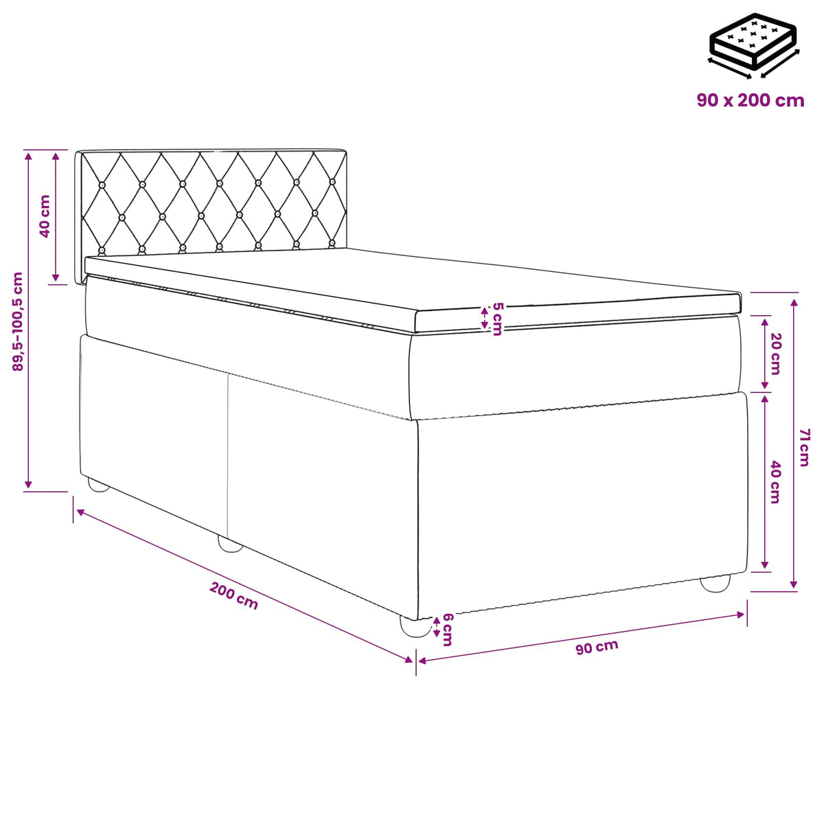 Boxspringbett mit Matratze Hellgrau 90 x 200 cm Samt