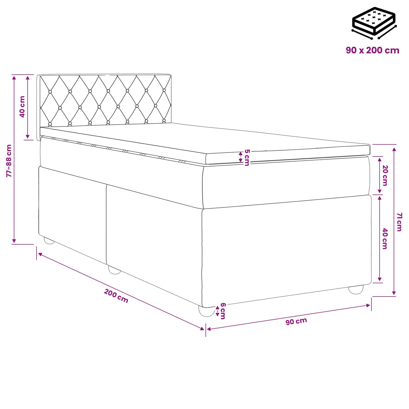 Boxspringbett mit Matratze Dunkelgrau 90 x 200 cm Samt