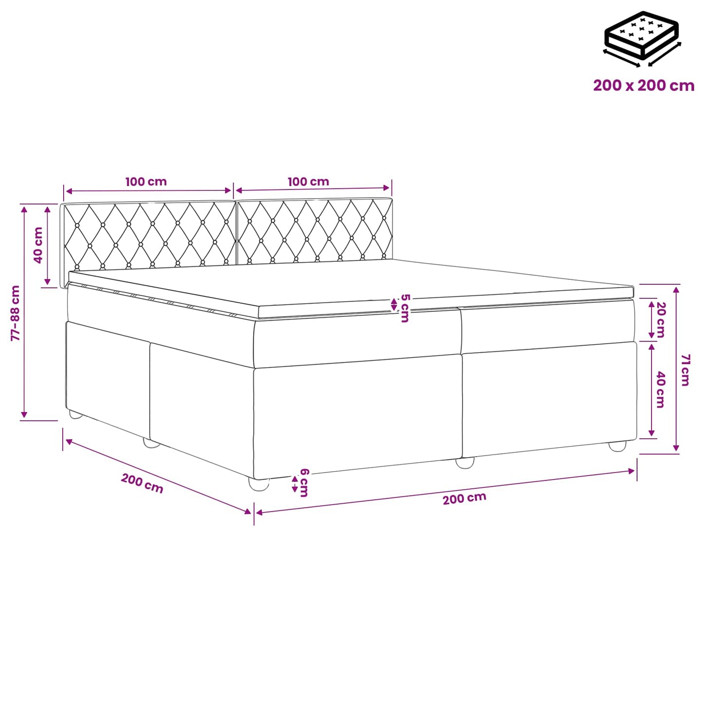 Boxspringbett mit Matratze Hellgrau 200 x 200 cm Samt