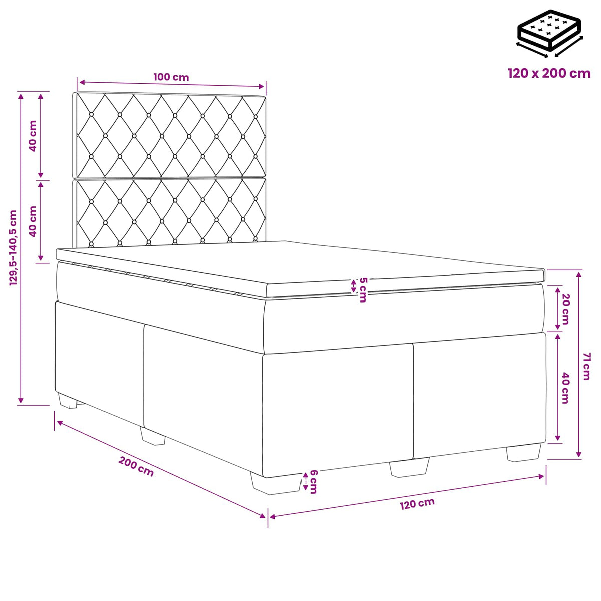 Boxspringbett mit Matratze Schwarz 120 x 200 cm Samt
