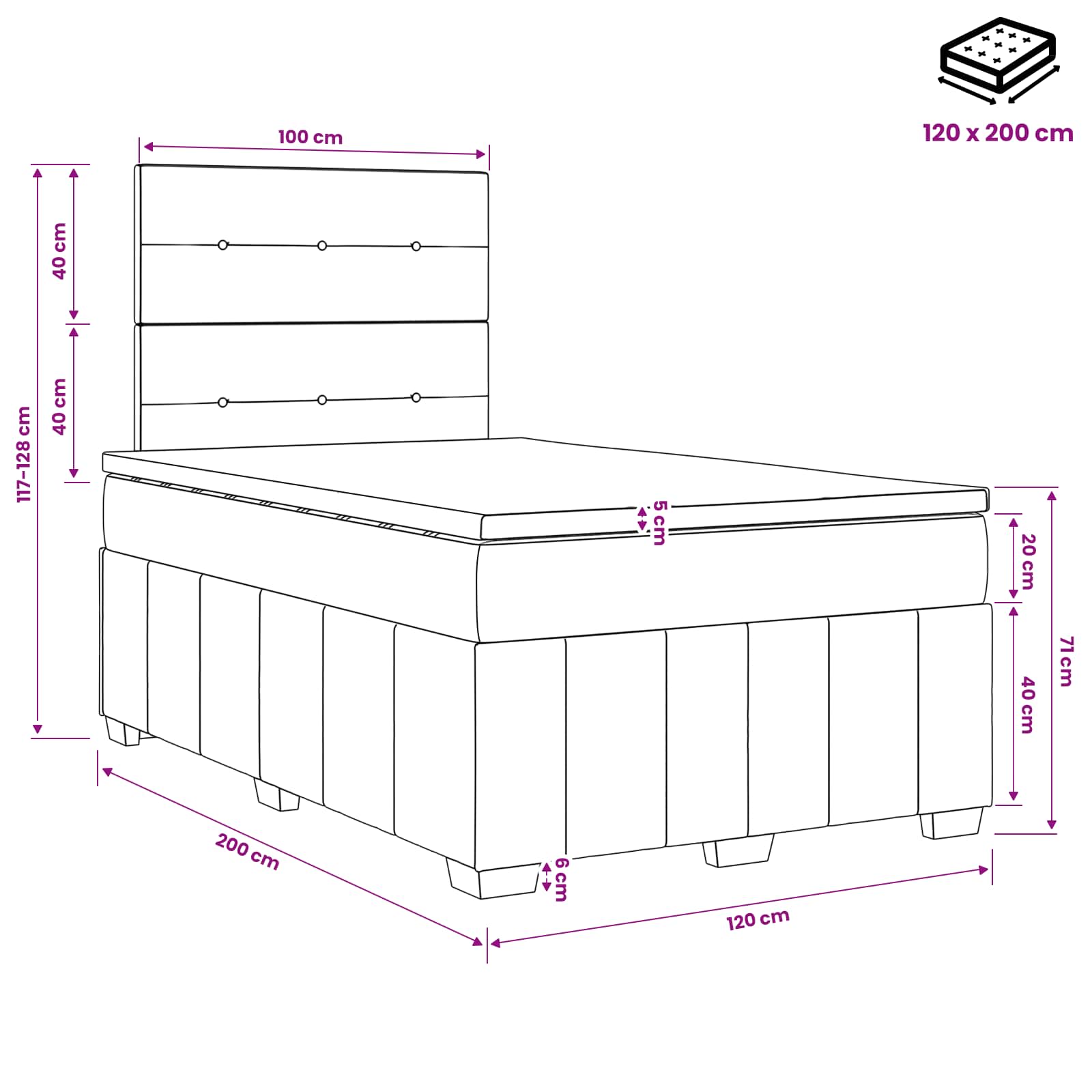 Boxspringbett mit Matratze Schwarz 120 x 200 cm Stoff