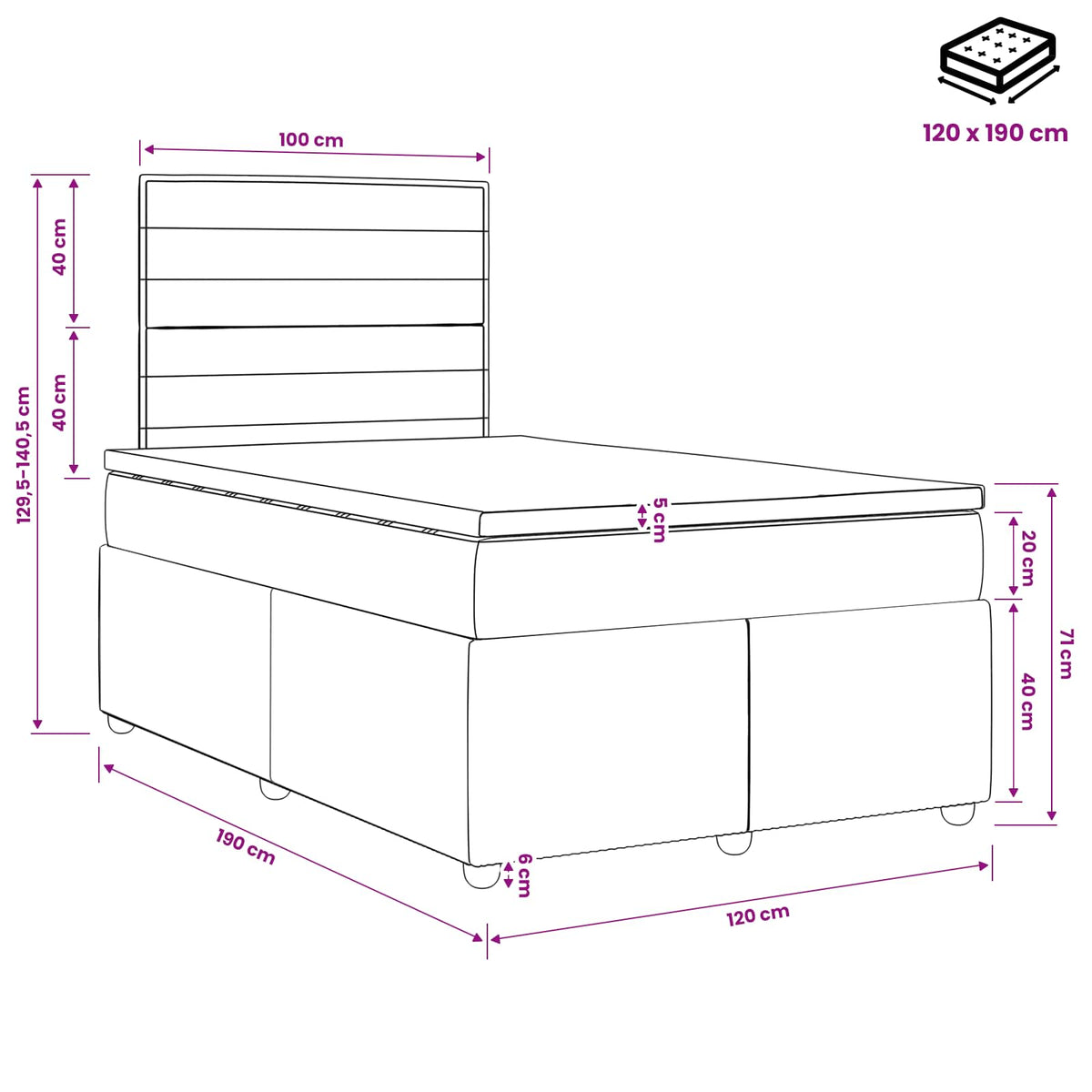 Boxspringbett mit Matratze Schwarz 120 x 190 cm Stoff